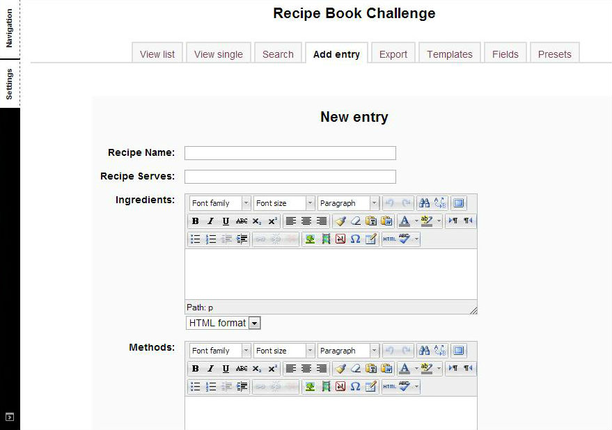 Recipe Book Add Entry Page