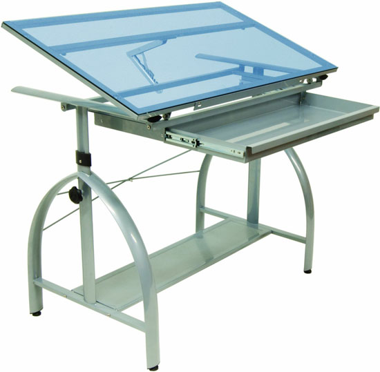 Studio Designs Avanta Drafting Table in Silver with Blue Glass 10060