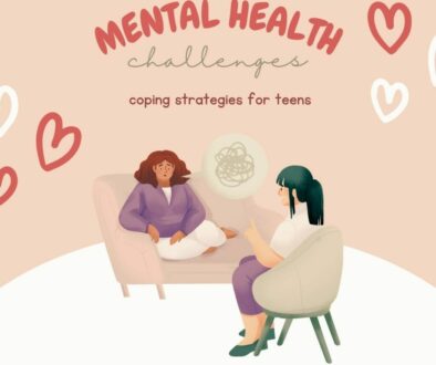 Mental health challenges coping strategies for teens. A drawing of two women sitting on chairs opposite each other talking.