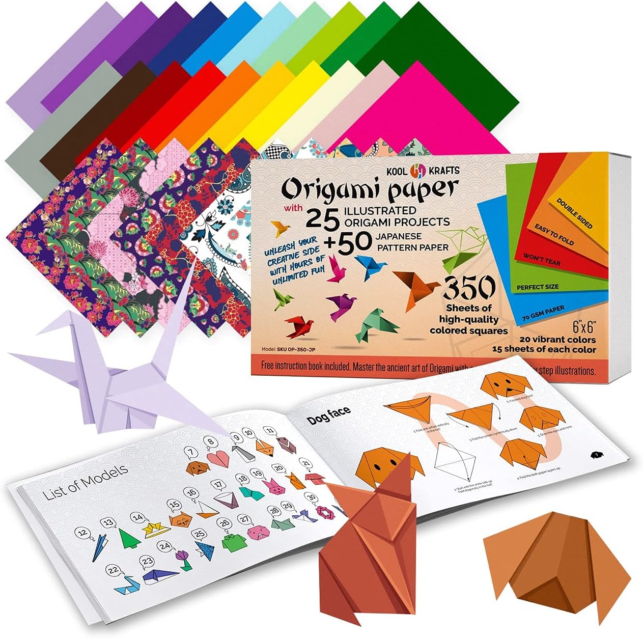 Origami Paper Kit consists of colourful sheets of paper and some with patterns, also includes a book of origami project instructions