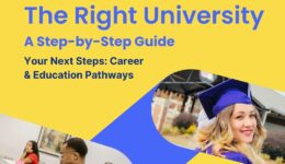 Yellow background with a zig-zag design in foreground with images of graduates and university students in a class. Words: How to Choose teh Right University