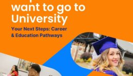 Orange background with a zig-zag design in foreground with images of graduates and university students in a class. Words: Help! I'm not sure I want to go to University