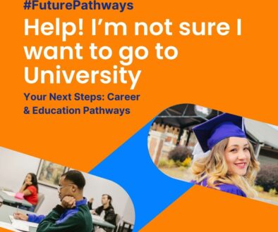 Orange background with a zig-zag design in foreground with images of graduates and university students in a class. Words: Help! I'm not sure I want to go to University