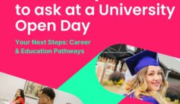 Red background with a zig-zag design in foreground with images of graduates and university students in a class. Words: Essential Questions to ask at a University Open Day