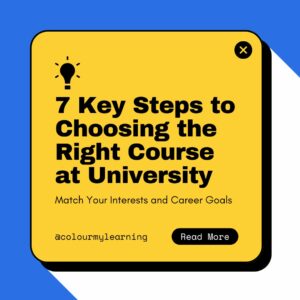 Image: yellow Square panel on a blue background with words: 7 Key Steps to Choosing the Right Course at University; subtitle - Match your interest and career goals. Icon of lightbulb in top left corner and Read More button in bottom right. @colourmylearning