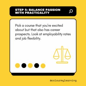 Image: Yellow rectangle at top of image with words:Step 5_ Balance Passion with Practicality. White square panel on a blue background with words: Seek courses with hands-on applications. Interdisciplinary programs can help expand your skills beyond one area. Icon of scales in bottom right corner. five alternating yellow and black dots on bottom left side of white square. Text: @colourmylearning on bottom right of yellow background