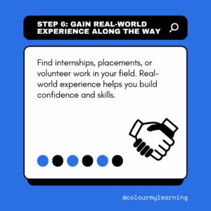 Image: Yellow rectangle at top of image with words:Step 5_ Balance Passion with Practicality. White square panel on a blue background with words: Seek courses with hands-on applications. Interdisciplinary programs can help expand your skills beyond one area. Icon of scales in bottom right corner. five alternating yellow and black dots on bottom left side of white square. Text: @colourmylearning on bottom right of yellow background