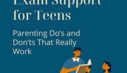 Image: Dark blue background with illustrated image in bottom right of father holding book and daughter typing on MacBook computer Text: Exam Support for Teens Parenting Do's and Don'ts that really work