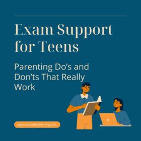 Image: Dark blue background with illustrated image in bottom right of father holding book and daughter typing on MacBook computer Text: Exam Support for Teens Parenting Do's and Don'ts that really work