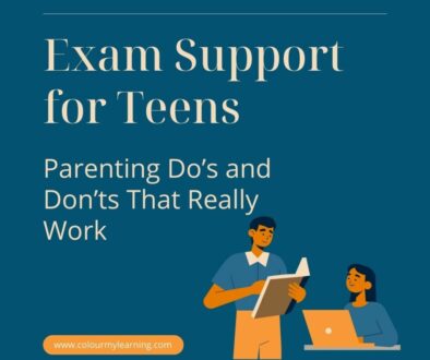 Image: Dark blue background with illustrated image in bottom right of father holding book and daughter typing on MacBook computer Text: Exam Support for Teens Parenting Do's and Don'ts that really work