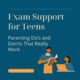 Image: Dark blue background with illustrated image in bottom right of father holding book and daughter typing on MacBook computer Text: Exam Support for Teens Parenting Do's and Don'ts that really work