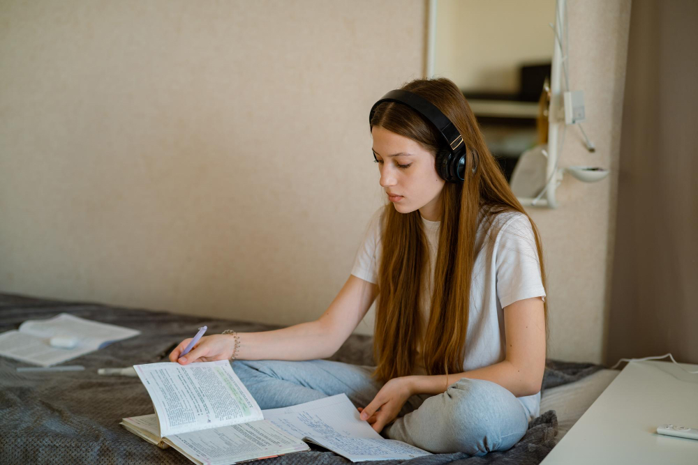 Teenager writing in notebook, focused on revisions