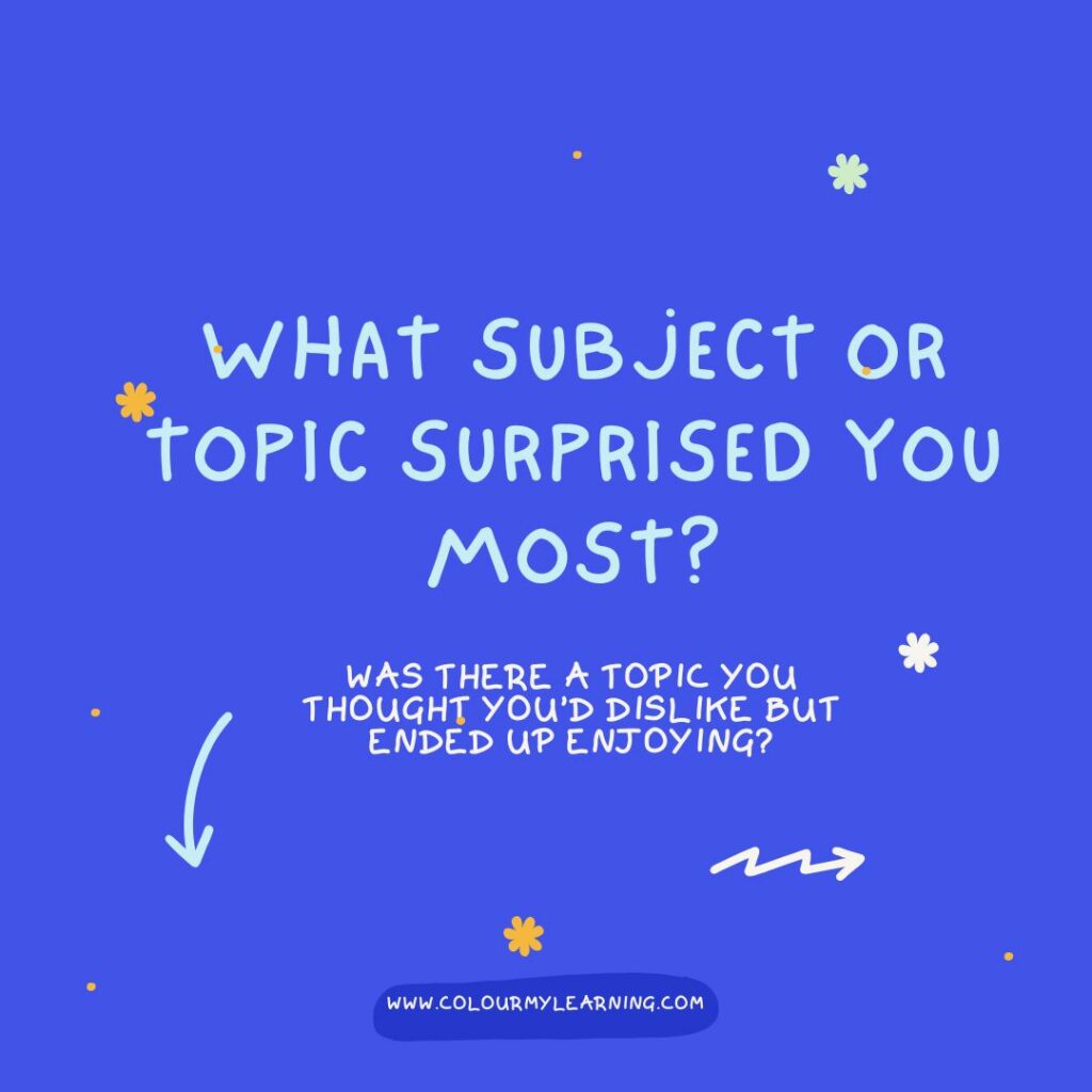 Text: What subject or topic surprised you most?
